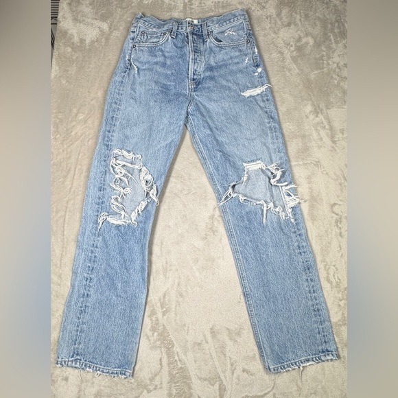 Agolde 90s Mid Rise Distressed Light Denim Button Fly Straight Blue Jeans 26 - Picture 3 of 16